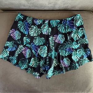 City Chic Shorts Black with Green and Purple Leaf Print Tropical Resort Wear